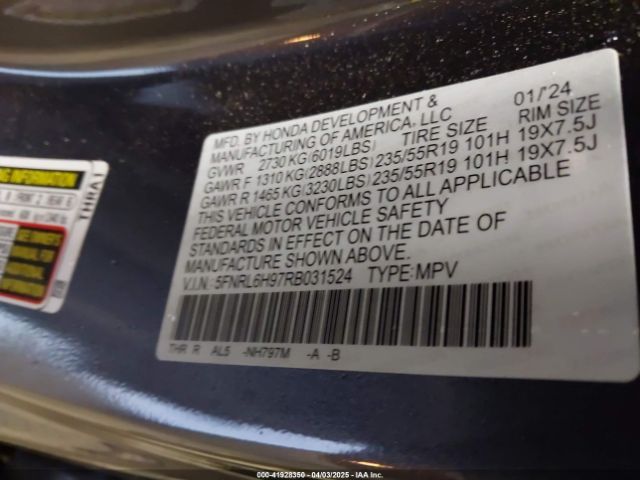 5FNRL6H97RB031524 Honda Odyssey Elite