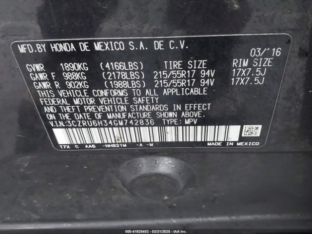 3CZRU6H34GM742836 Honda HR-V LX