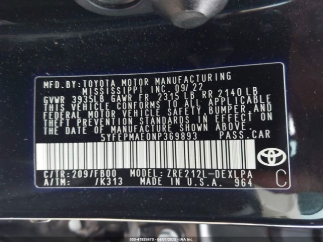 5YFEPMAE0NP369893 Toyota COROLLA LE