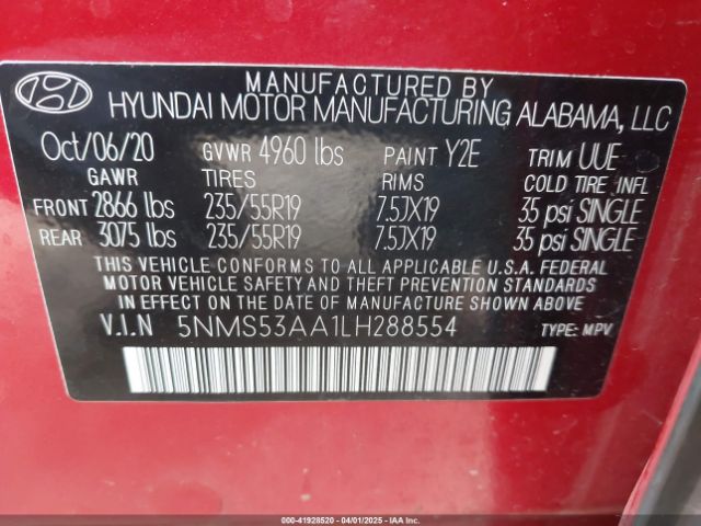 5NMS53AA1LH288554 Hyundai Santa Fe Limited 2.0t