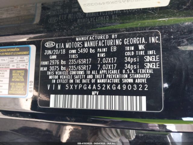 5XYPG4A52KG490322 KIA Sorento 3.3l Lx