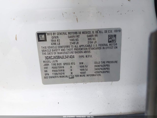 3GNCJKSB4JL341434 Chevrolet TRAX LS