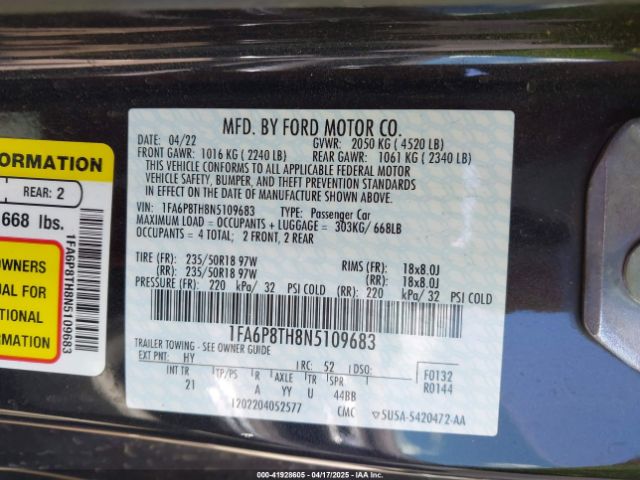 1FA6P8TH8N5109683 Ford Mustang Ecoboost Fastback