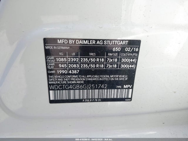 WDCTG4GB6GJ251742 Mercedes-Benz Gla 250 4matic