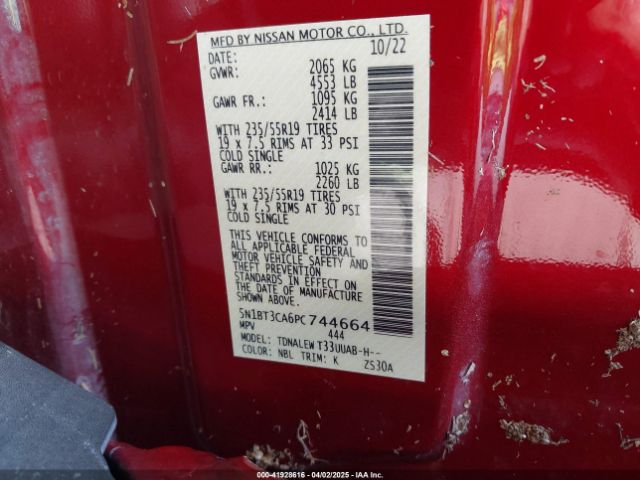5N1BT3CA6PC744664 Nissan Rogue Sl Fwd