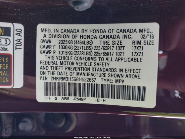 2HKRM3H56GH522657 Honda CR-V EX