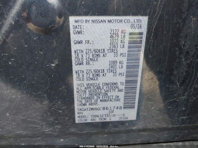 5N1AT2MV6GC861748 Nissan Rogue Sl