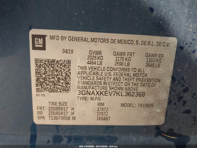 3GNAXKEV7KL362369 Chevrolet EQUINOX LT