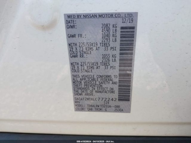 5N1AT2MTXLC772242 Nissan Rogue Sl Fwd