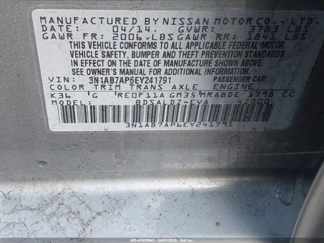 3N1AB7AP6EY241791 Nissan Sentra Fe+ S/fe+ Sv/s/sl/sr/sv