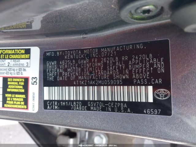 4T1KZ1AK2MU059095 Toyota Camry Xse V6