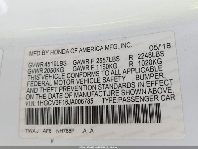 1HGCV3F16JA006785 Honda ACCORD HYBRID