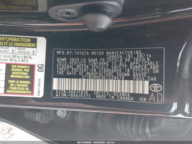 2T1BURHE9EC228478 Toyota COROLLA LE