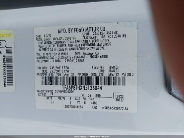 2022 FORD MUSTANG 1FA6P8THXN5136044 Photo 8