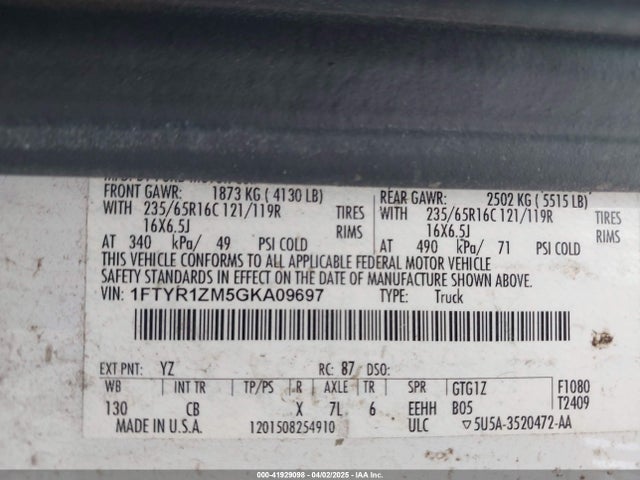 1FTYR1ZM5GKA09697 Ford Transit-250