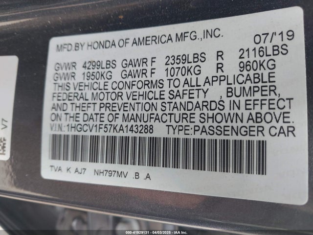 1HGCV1F57KA143288 Honda Accord Ex-l