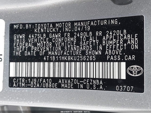 4T1B11HK8KU256265 Toyota CAMRY LE
