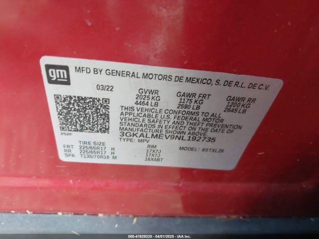 3GKALMEV9NL192735 GMC Terrain Fwd Sle