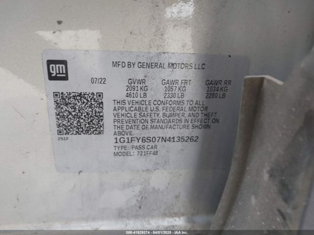 1G1FY6S07N4135262 Chevrolet Bolt Euv Fwd Lt