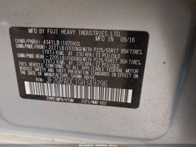 JF2GPADC1GH349296 Subaru Crosstrek 2.0i Premium