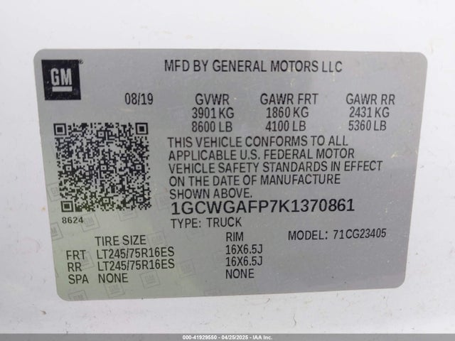 1GCWGAFP7K1370861 Chevrolet Express 2500 Work Van