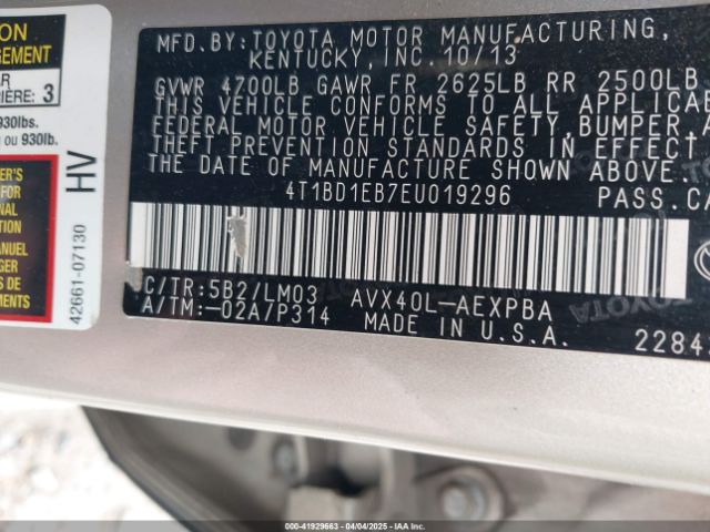 4T1BD1EB7EU019296 Toyota Avalon Hybrid Limited