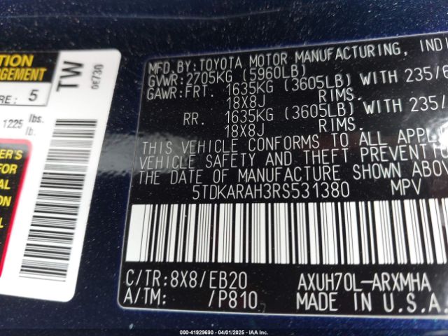5TDKARAH3RS531380 Toyota Highlander Hybrid Xle