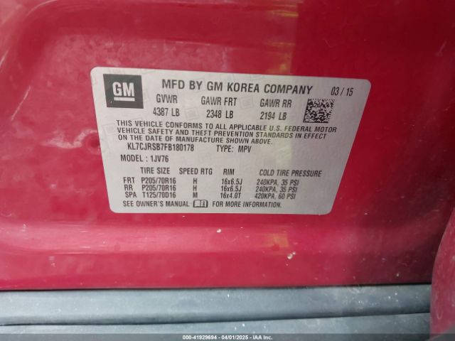 KL7CJRSB7FB180178 Chevrolet Trax Lt