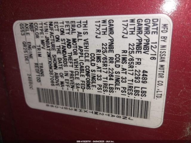 JN8AT2MTXHW387066 Nissan ROGUE S