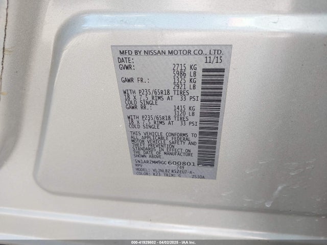 5N1AR2MM9GC600801 Nissan Pathfinder S