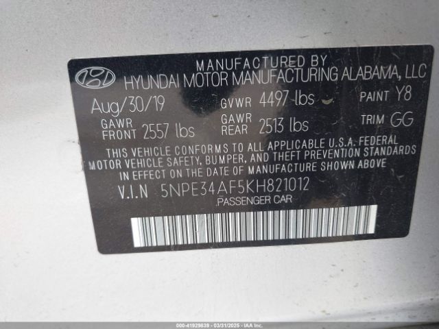 5NPE34AF5KH821012 Hyundai SONATA SEL