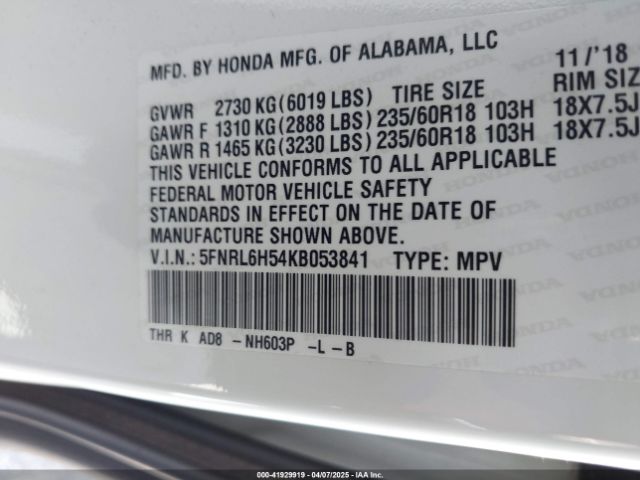 5FNRL6H54KB053841 Honda ODYSSEY EX