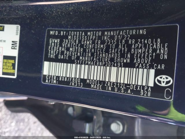 5YFEPMAE8NP302491 Toyota COROLLA LE