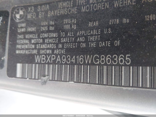 Продаж на аукціоні авто 2006 Bmw X3 3.0i, vin: WBXPA93416WG86365, номер лоту: 41930041