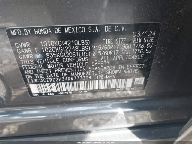 3CZRZ2H34RM777308 Honda Hr-v Awd Lx