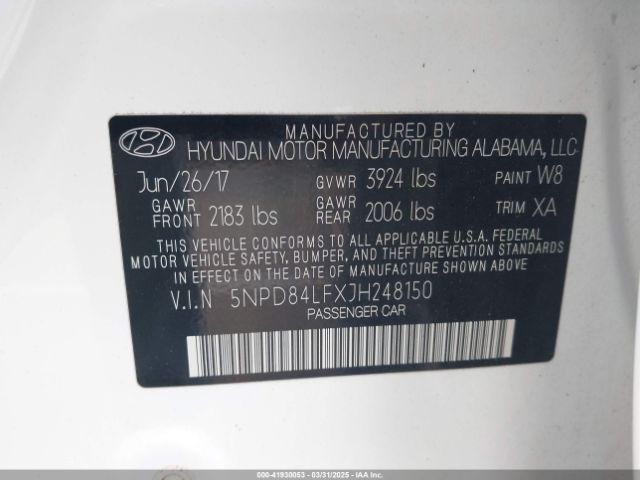 5NPD84LFXJH248150 Hyundai ELANTRA SEL