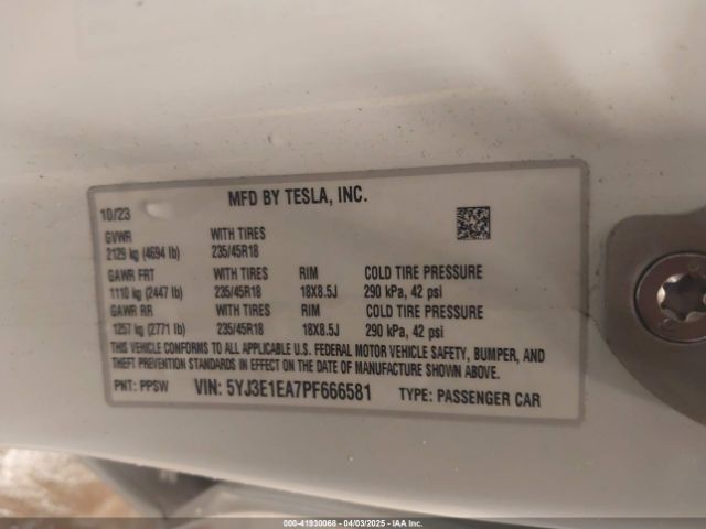 5YJ3E1EA7PF666581 Tesla Model 3 Rear-wheel Drive