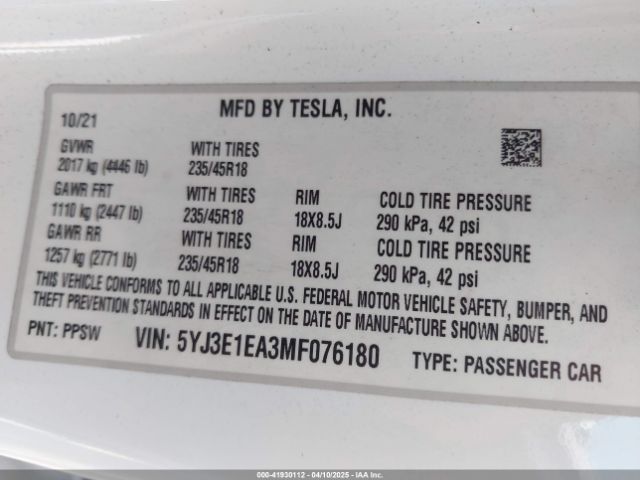 5YJ3E1EA3MF076180 Tesla Model 3 Standard Range Plus Rear-wheel Drive