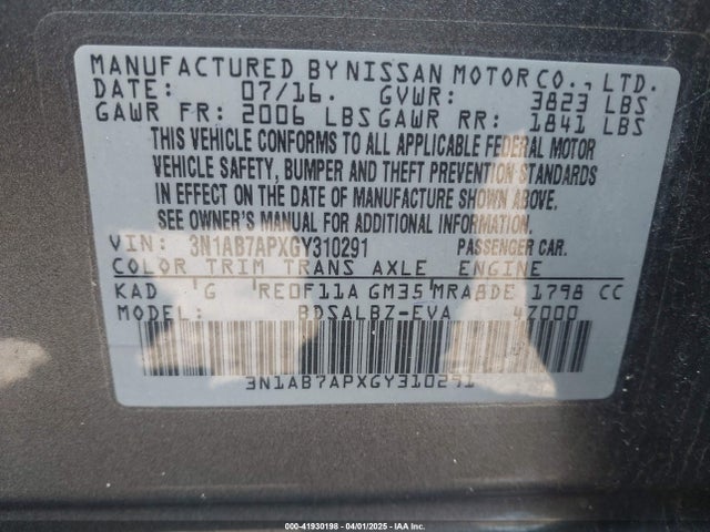 3N1AB7APXGY310291 Nissan SENTRA S