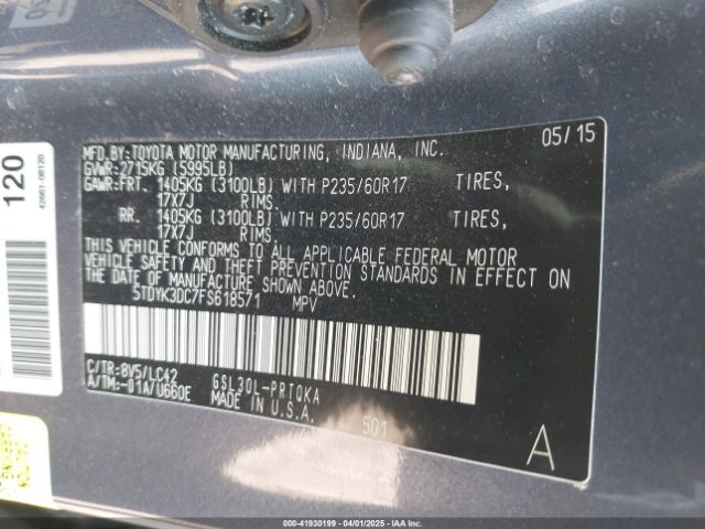 5TDYK3DC7FS618571 Toyota Sienna Xle 8 Passenger