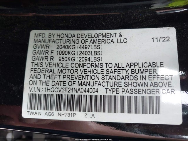 1HGCV3F21NA044004 Honda Accord Hybrid Sport