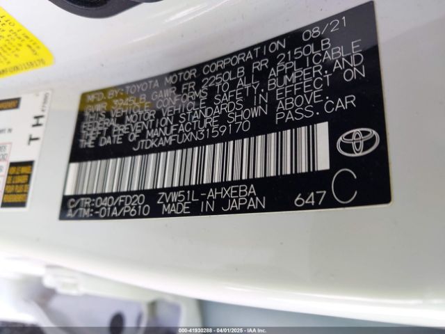 JTDKAMFUXN3159170 Toyota Prius Le