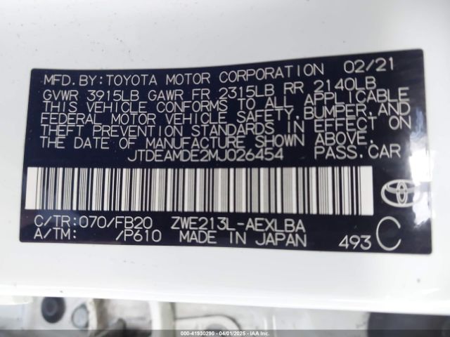 JTDEAMDE2MJ026454 Toyota Corolla Hybrid Le