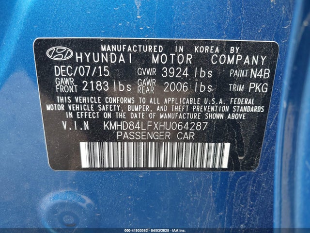 KMHD84LFXHU064287 Hyundai ELANTRA SE