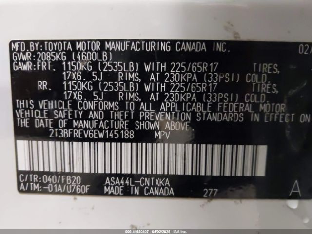 2T3BFREV6EW145188 Toyota RAV4 LE