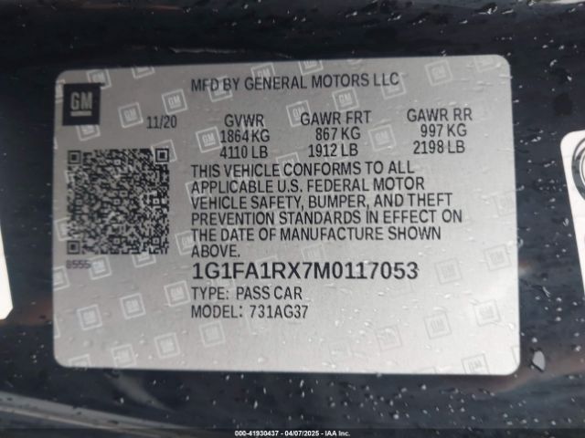 1G1FA1RX7M0117053 Chevrolet Camaro Rwd  1lt