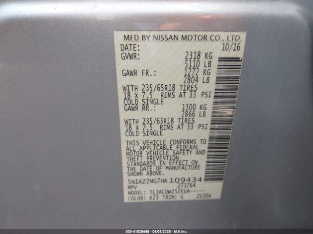 5N1AZ2MG7HN109434 Nissan Murano Platinum/s/sl/sv