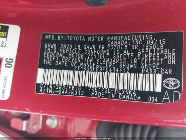 2T1BURHE9FC414412 Toyota COROLLA LE