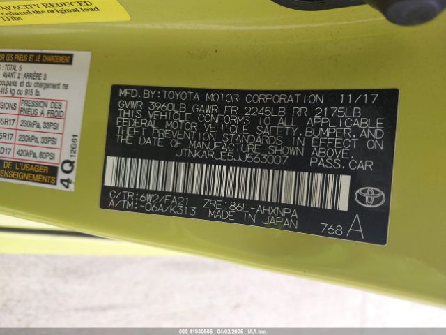 JTNKARJE5JJ563007 Toyota COROLLA IM