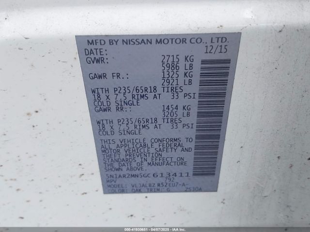 5N1AR2MN5GC613411 Nissan Pathfinder Platinum/s/sl/sv